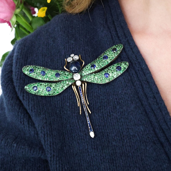 Moira Green Garnet, Diamond, Sapphire, Silver And Gold Dragonfly Brooch - image 9