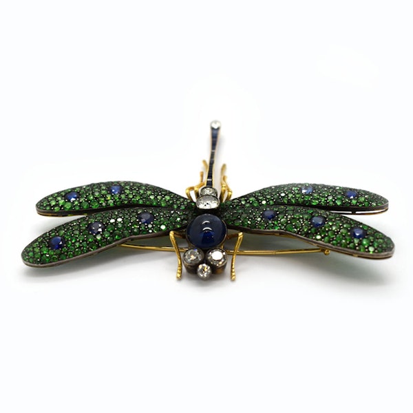 Moira Green Garnet, Diamond, Sapphire, Silver And Gold Dragonfly Brooch - image 8