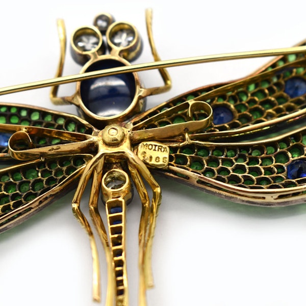 Moira Green Garnet, Diamond, Sapphire, Silver And Gold Dragonfly Brooch - image 10
