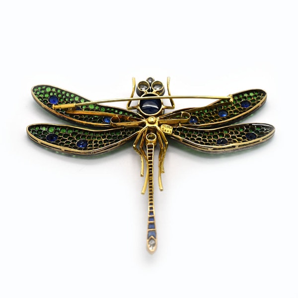 Moira Green Garnet, Diamond, Sapphire, Silver And Gold Dragonfly Brooch - image 11