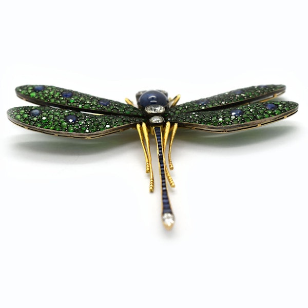 Moira Green Garnet, Diamond, Sapphire, Silver And Gold Dragonfly Brooch - image 12