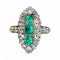 Downstairs at Grays: A fine 18 ct. Yellow Gold, Navette shaped ring set with three Octagonal Step Cut Natural Emeralds & numerous Diamonds, with Diamond set shoulders. English. Circa 1870. - image 2