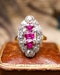 Downstairs at Grays: A very fine 18ct Yellow Gold & Silver, Navette Shaped, Three Stone, Natural Untreated Burma Ruby &  Diamond Cluster Ring. Circa 1880 - image 1