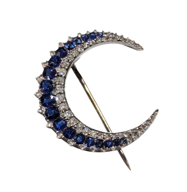 French Antique Sapphire Diamond and Silver Upon Gold Crescent Brooch, Circa 1890 - image 2