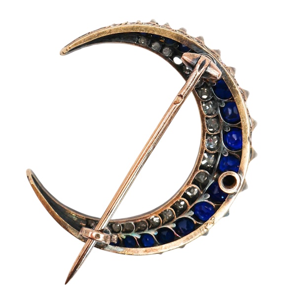 French Antique Sapphire Diamond and Silver Upon Gold Crescent Brooch, Circa 1890 - image 4