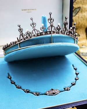 Downstairs at Grays: A fine Diamond & Natural Pearl Tiara/Necklace, Silver tipped 18 ct. Gold, set with 142 Old Mine Cut Diamonds & six Natural Pearls. Belle Époque, French Circa 1890