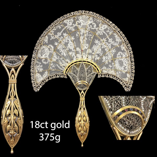 MAGNIFICENT GOLD, ART-NOUVEAU GEM SET HAND FAN, - image 1