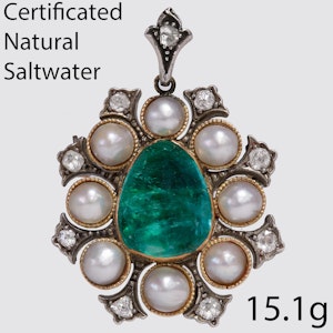 CERTIFICATED NATURAL SALTWATER PEARL, EMERALD AND DIAMOND PENDANT