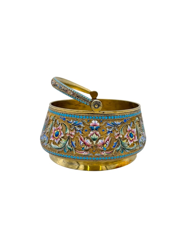 Antique Russian silver gilt cloisonné and shaded enamel sugar basket and creamer and sugar tong by Nikolai Zverev, Moscow c.1910 by - image 3