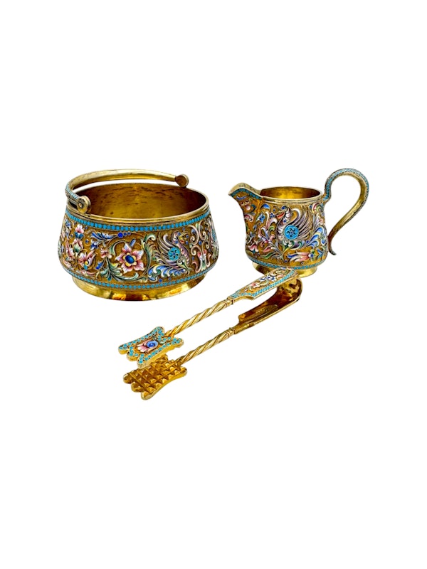 Antique Russian silver gilt cloisonné and shaded enamel sugar basket and creamer and sugar tong by Nikolai Zverev, Moscow c.1910 by - image 2