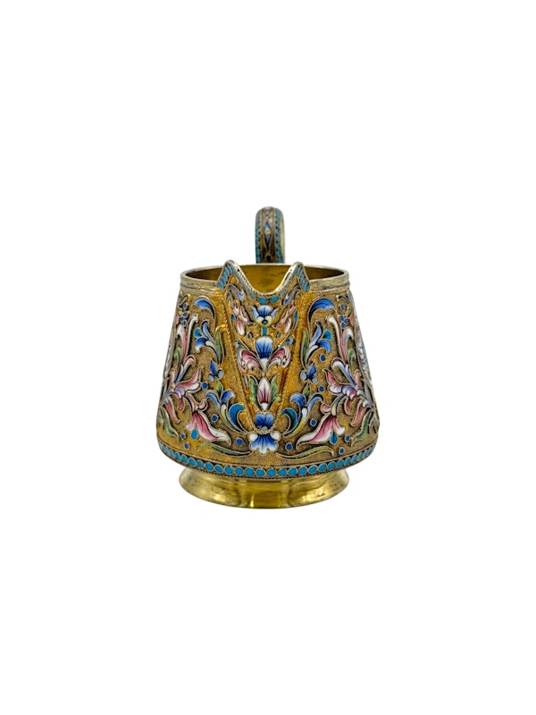 Antique Russian silver gilt cloisonné and shaded enamel sugar basket and creamer and sugar tong by Nikolai Zverev, Moscow c.1910 by - image 11