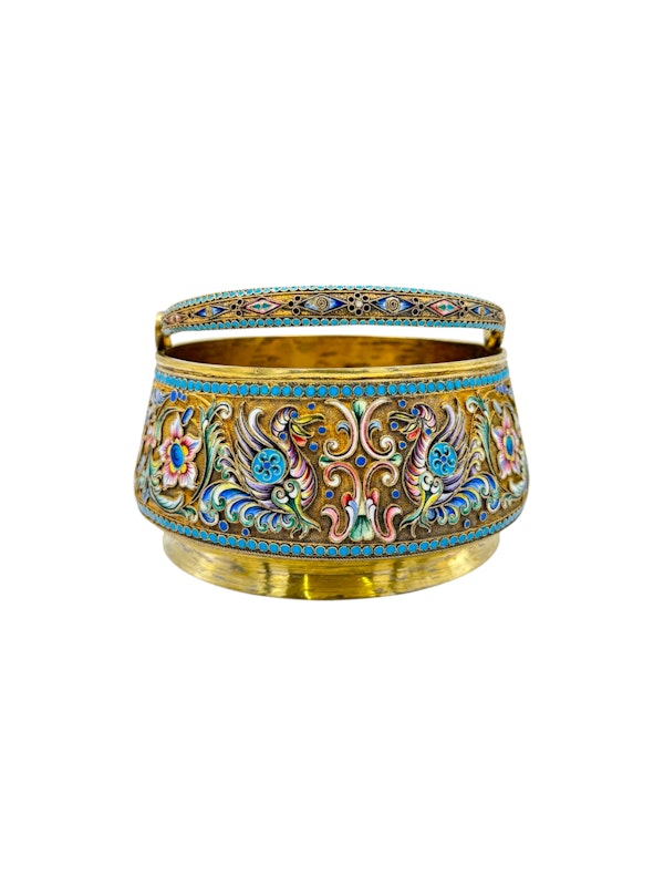 Antique Russian silver gilt cloisonné and shaded enamel sugar basket and creamer and sugar tong by Nikolai Zverev, Moscow c.1910 by - image 4