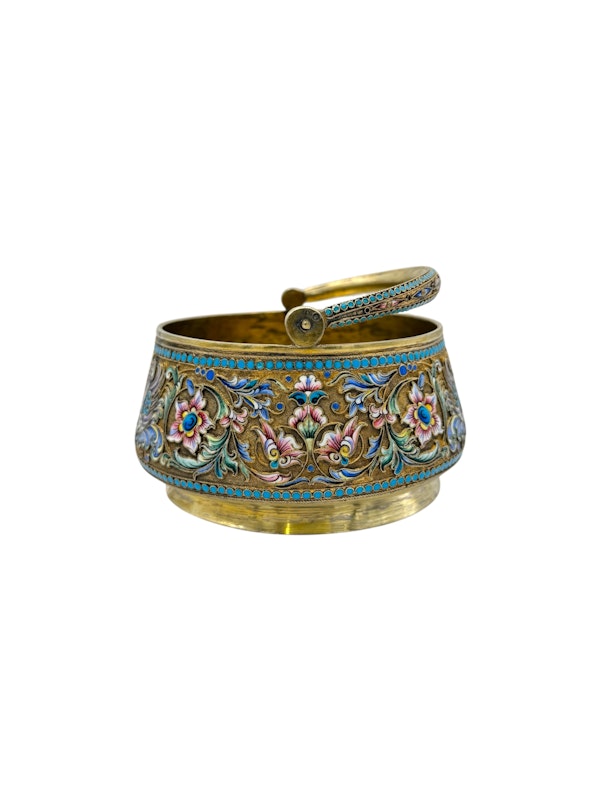 Antique Russian silver gilt cloisonné and shaded enamel sugar basket and creamer and sugar tong by Nikolai Zverev, Moscow c.1910 by - image 5