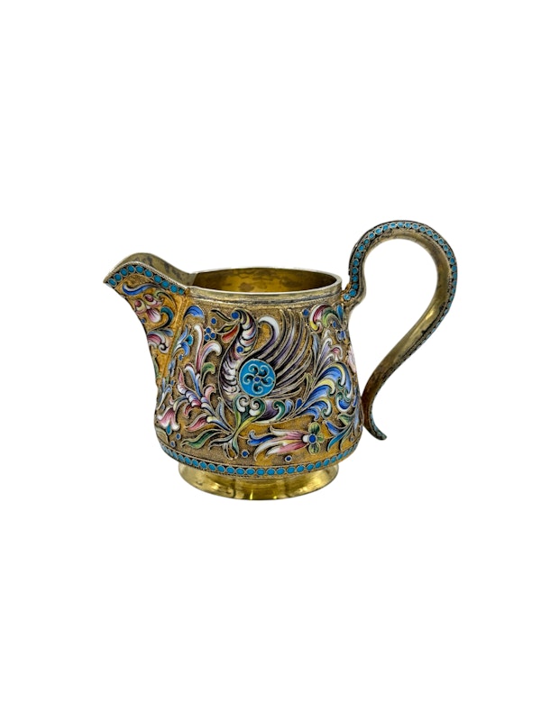 Antique Russian silver gilt cloisonné and shaded enamel sugar basket and creamer and sugar tong by Nikolai Zverev, Moscow c.1910 by - image 10