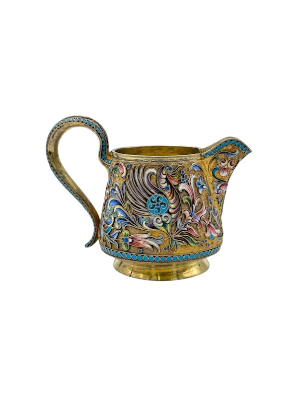 Antique Russian silver gilt cloisonné and shaded enamel sugar basket and creamer and sugar tong by Nikolai Zverev, Moscow c.1910 by - image 8
