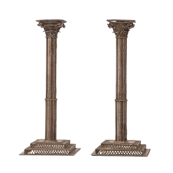 A fine pair of late 18th/ early 19th century silver and silver gilt filigree candlesticks, probably Dutch. - image 2
