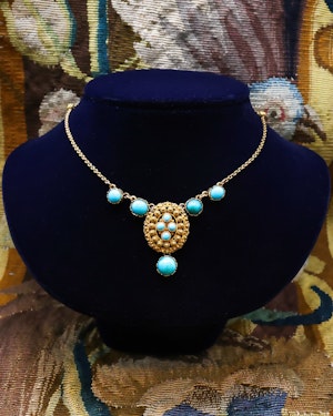 A very beautiful High & 15 Carat Yellow Gold (tested) Late Georgian oval Turquoise Cannetille Necklace English Circa 1830 - 1855
