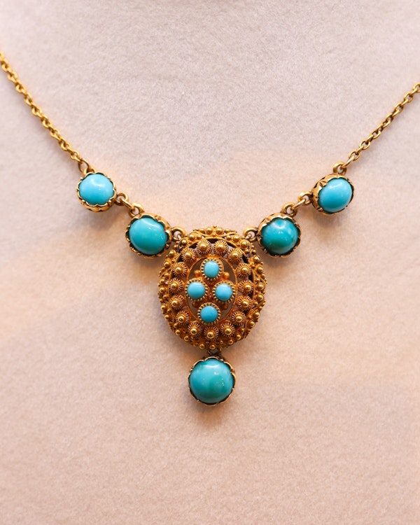 A very beautiful High & 15 Carat Yellow Gold (tested) Late Georgian oval Turquoise Cannetille Necklace English Circa 1830 - 1855 - image 3