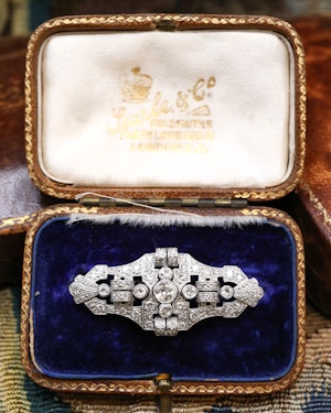 A very fine Platinum & 18ct White Gold, 2.50 Carat approximately, Diamond, Art Deco, Elongated Plaque Brooch / Pin. English Circa 1930