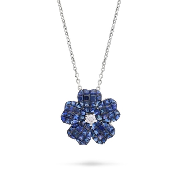 18k gold invisible set Sapphire flower pendant necklace - image 1