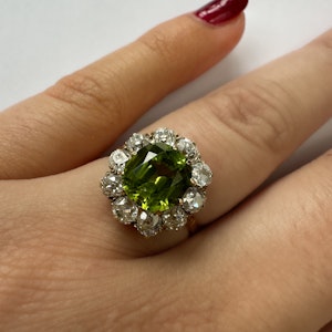 Peridot & Old Cut Diamond Cluster Ring. Saddington Jewellery  Stand 375