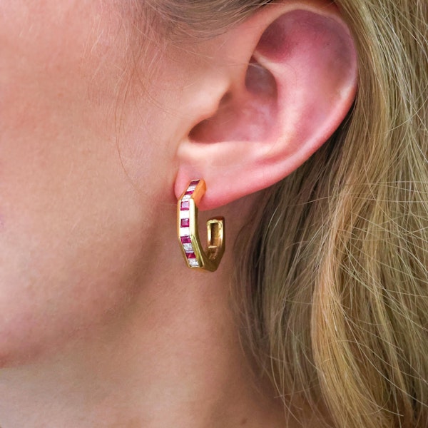 Vintage Ruby, Diamond and Gold Channel Set Earrings, 1995 - image 5