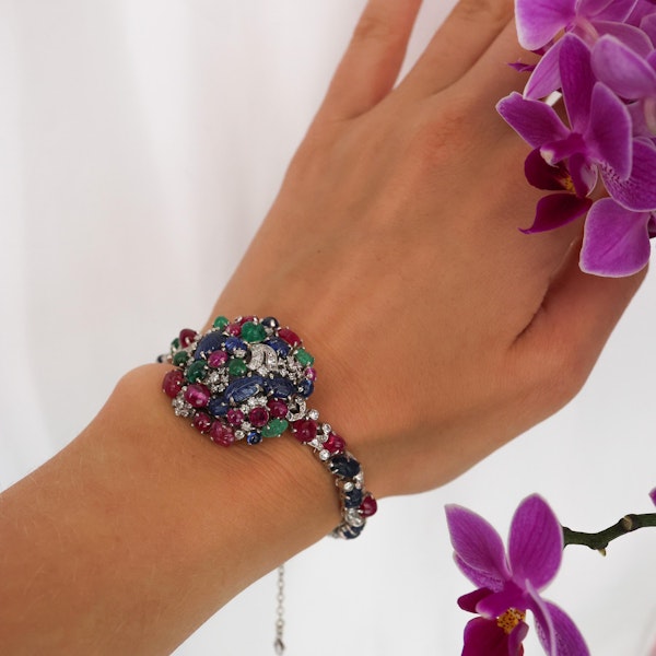 Vintage Tutti Frutti Diamond, Sapphire, Ruby, Emerald and Platinum Cocktail Watch - image 4