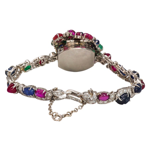 Vintage Tutti Frutti Diamond, Sapphire, Ruby, Emerald and Platinum Cocktail Watch - image 5