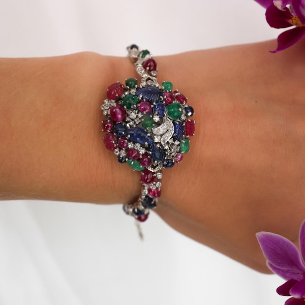 Vintage Tutti Frutti Diamond, Sapphire, Ruby, Emerald and Platinum Cocktail Watch - image 2