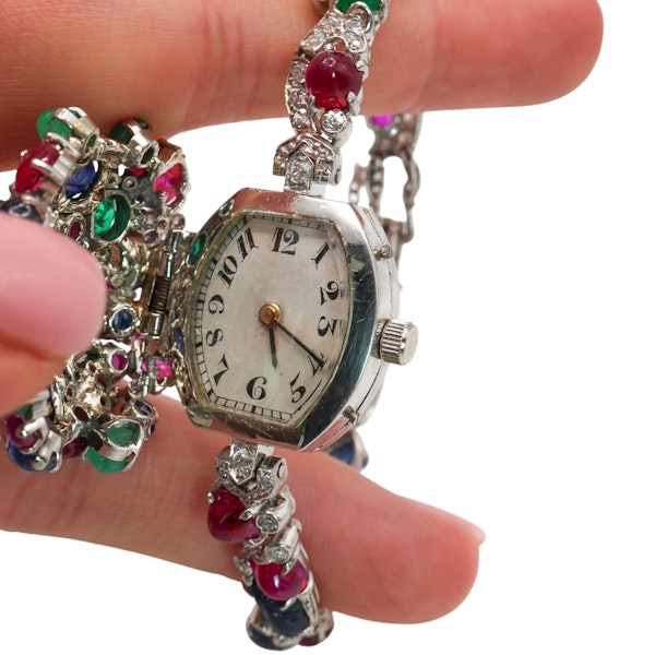 Vintage Tutti Frutti Diamond, Sapphire, Ruby, Emerald and Platinum Cocktail Watch - image 3