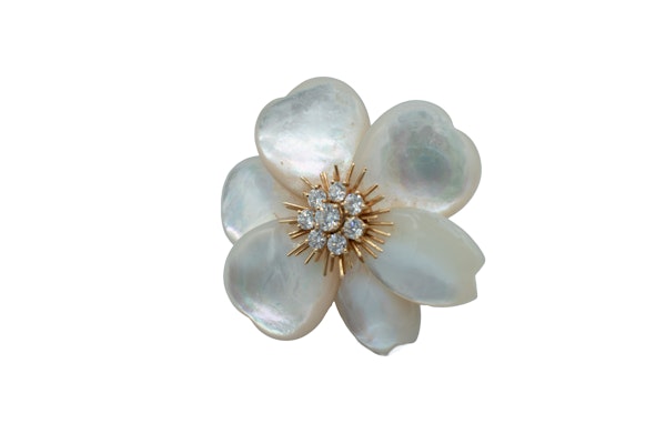 Van Cleef & Arpels 'Rose de Noel' Clip, Mother of Pearl Diamond Gold Brooch - image 4