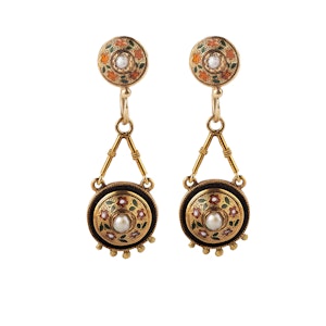 Antique 18ct Gold, Enamel & Pearl, Night & Day Drop Earrings | Italian 1880s