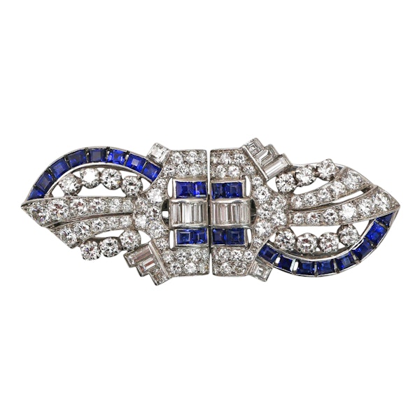 Art Deco Tiffany & Co. Sapphire Diamond and Platinum Double Clip Brooch, Circa 1930 - image 1
