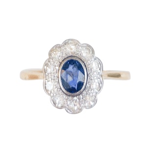 Sapphire & Diamond Cluster Ring in 18ct Gold & Platinum | Edwardian c.1910s