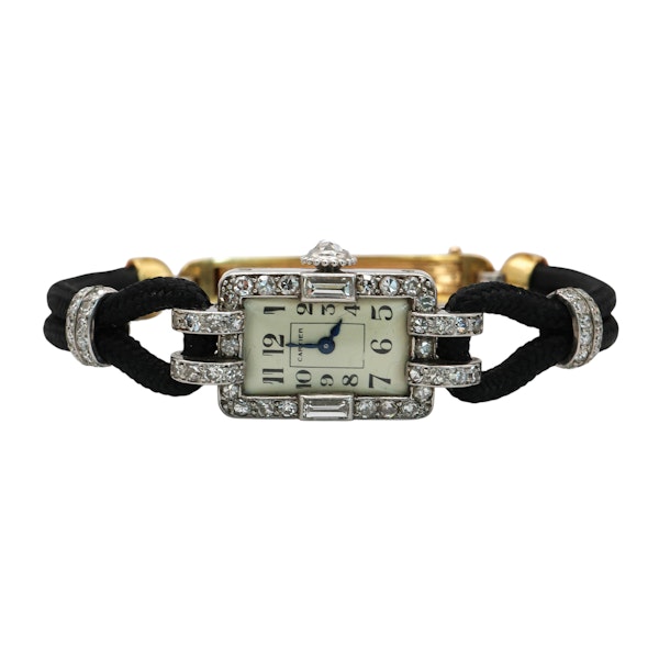 Art Deco Cartier Diamond Platinum and Enamel Cocktail Watch, Circa 1930 - image 1