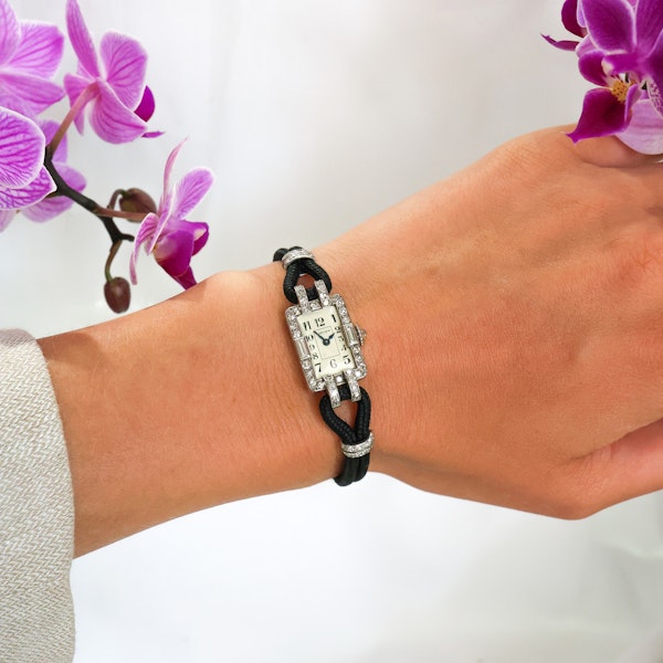 Art Deco Cartier Diamond Platinum and Enamel Cocktail Watch, Circa 1930 - image 2