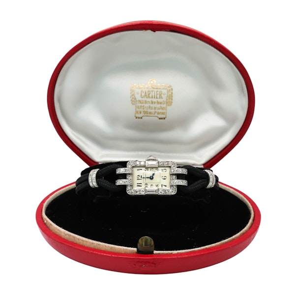 Art Deco Cartier Diamond Platinum and Enamel Cocktail Watch, Circa 1930 - image 5