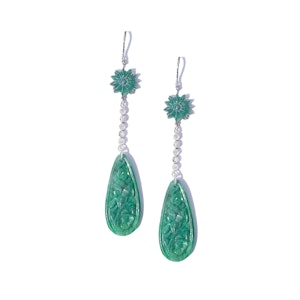 Carved Jade & Diamond Drop Earrings in Platinum | Art Deco c.1920s