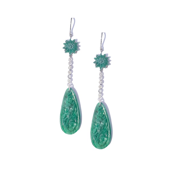 Carved Jade & Diamond Drop Earrings in Platinum | Art Deco c.1920s - image 1