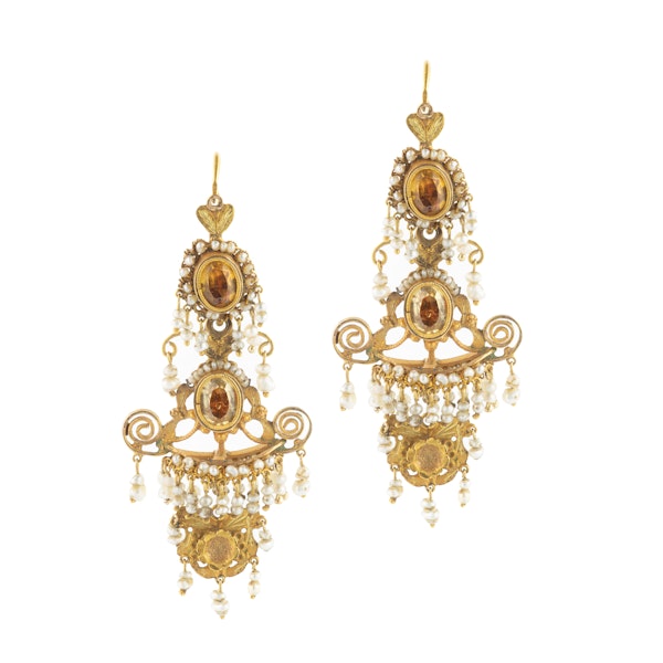 Antique Citrine & Pearl 15t Gold Chandelier Earrings | Italian c.1820s - image 1
