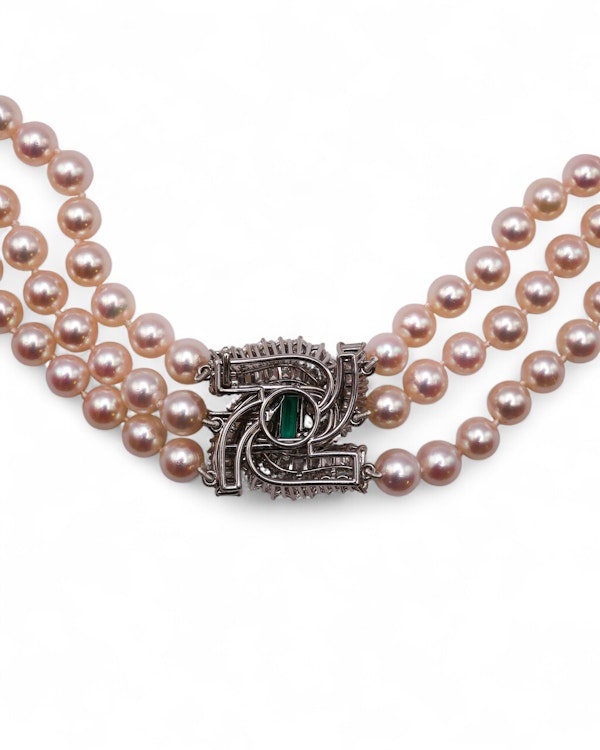 3rows of cultured pearls emerald diamond necklace - image 3