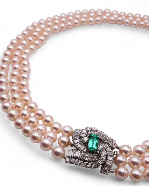 3rows of cultured pearls emerald diamond necklace - image 4