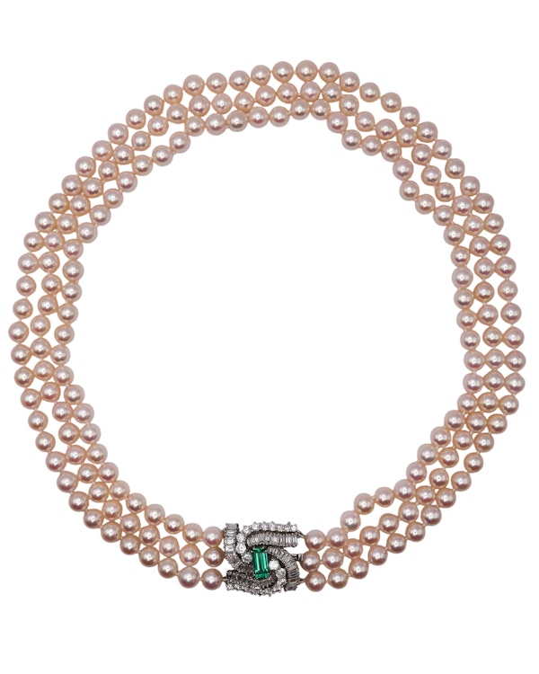 3rows of cultured pearls emerald diamond necklace - image 2