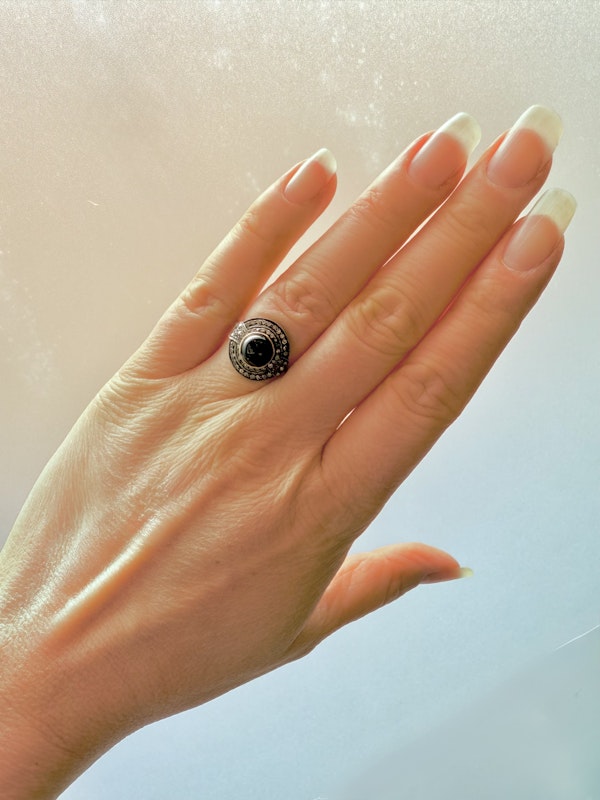 Gold & Silver, Cabochon Black Onyx & Diamond Ring. - image 9