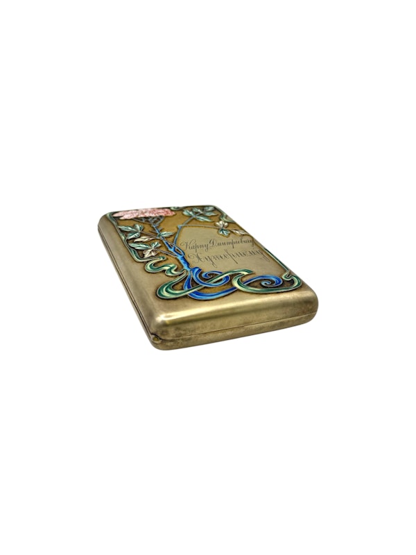 Russian silver gilt and cloisonné enamel cigarette case set, Moscow, c.1900s by Nemerov-Kolodkin. - image 2