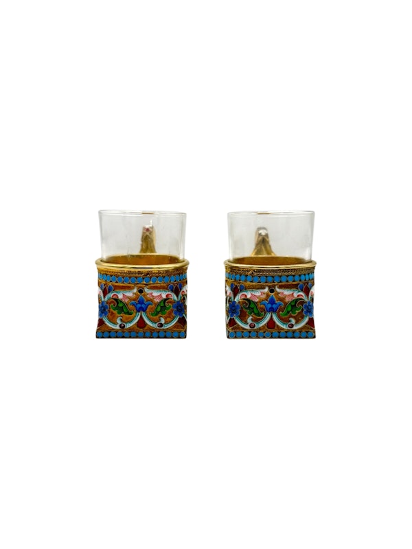 Russian silver gilt and cloisonné enamel pair of vodka cups, Moscow , Ivan Saltykov. - image 2