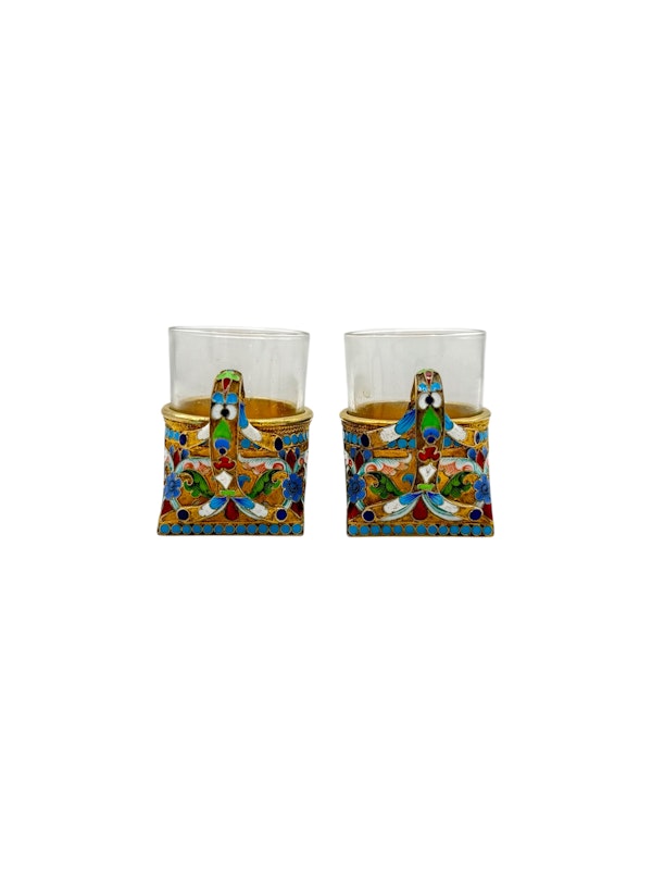 Russian silver gilt and cloisonné enamel pair of vodka cups, Moscow , Ivan Saltykov. - image 3