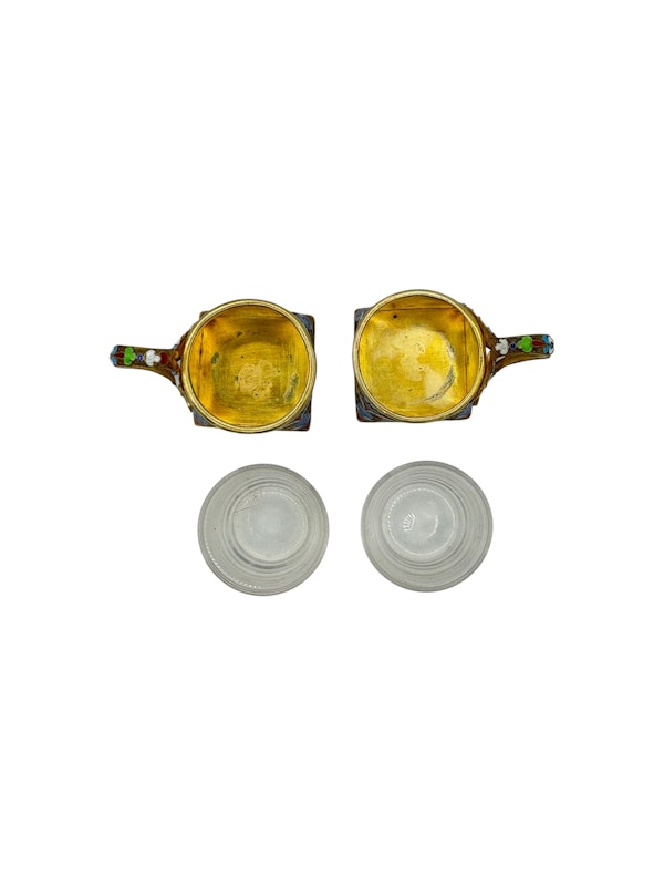Russian silver gilt and cloisonné enamel pair of vodka cups, Moscow , Ivan Saltykov. - image 4