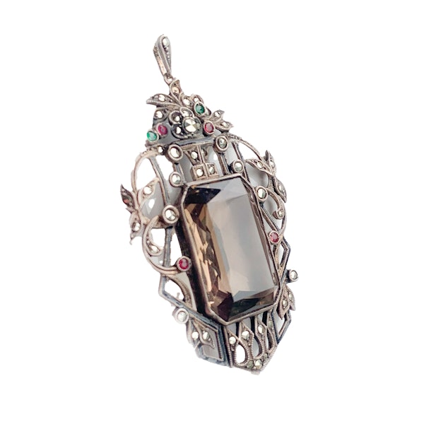 Smoky Quartz & Marcasite Art Deco Pendant in Silver | English c.1920s - image 2