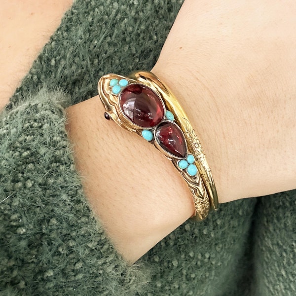 Victorian Garnet Turquoise and Gold Snake Bangle, Circa 1900 - image 2